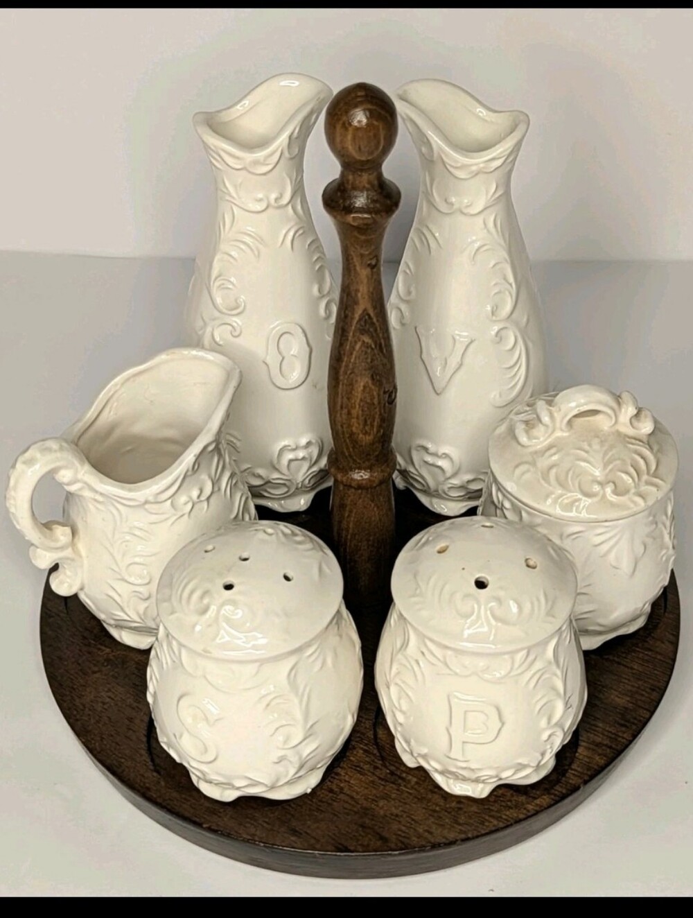 Vintage NAPCO Provincial White Porcelain Condiment Caddy Japan 7 Pc Set